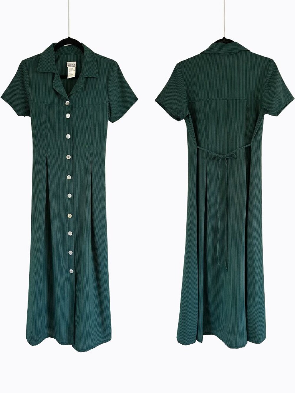 Vtg 90s Vintage Studio Green Plaid Maxi Dress S Button Front Tie Back Whimsigoth - Picture 3 of 7